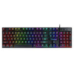 Gaming keyboard with long layout, black keys with rainbow RGB backlighting