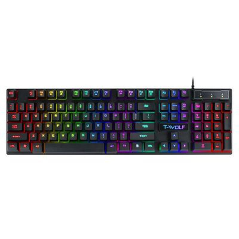 Gaming keyboard with long layout, black keys with rainbow RGB backlighting