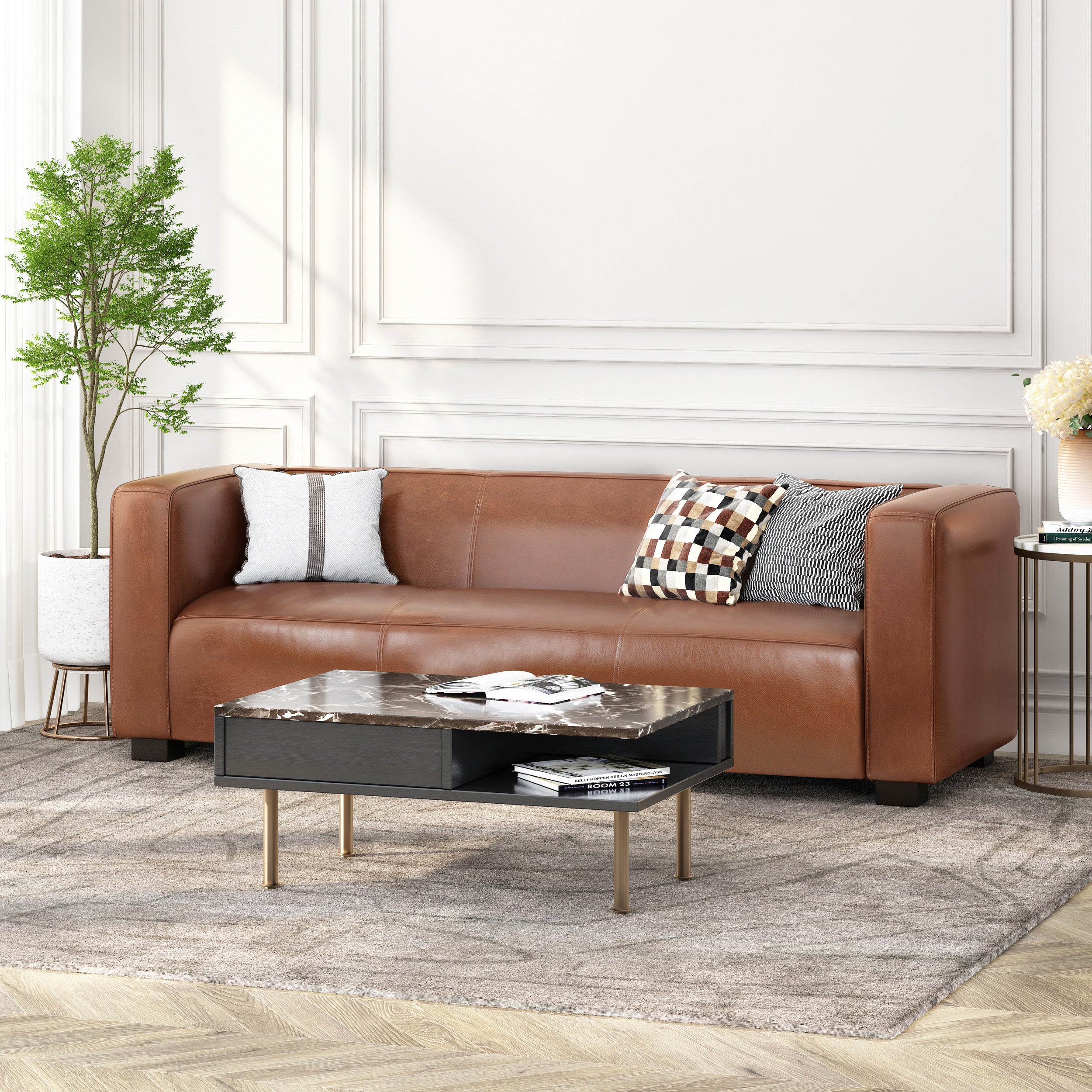 Sofá de piel marrón claro - Sofá moderno de 3 plazas para sala de estar con comodidad de felpa, 80.25 pulgadas de ancho - Elegante mobiliario para el hogar
