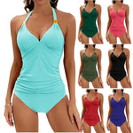 Women's halter split-tie two-piece swimsuit, multiple colors shown: turquoise, green, pink, black