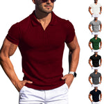 Men’s V-neck polo shirt, short sleeves, vertical stripe texture, dark red