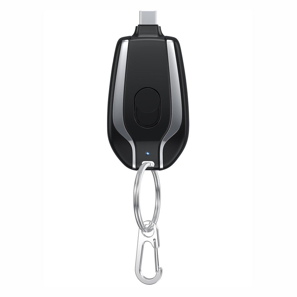 Black mini keychain power bank charger with Type-C connector and metal carabiner clip
