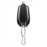 Black mini keychain power bank charger with Type-C connector and metal carabiner clip