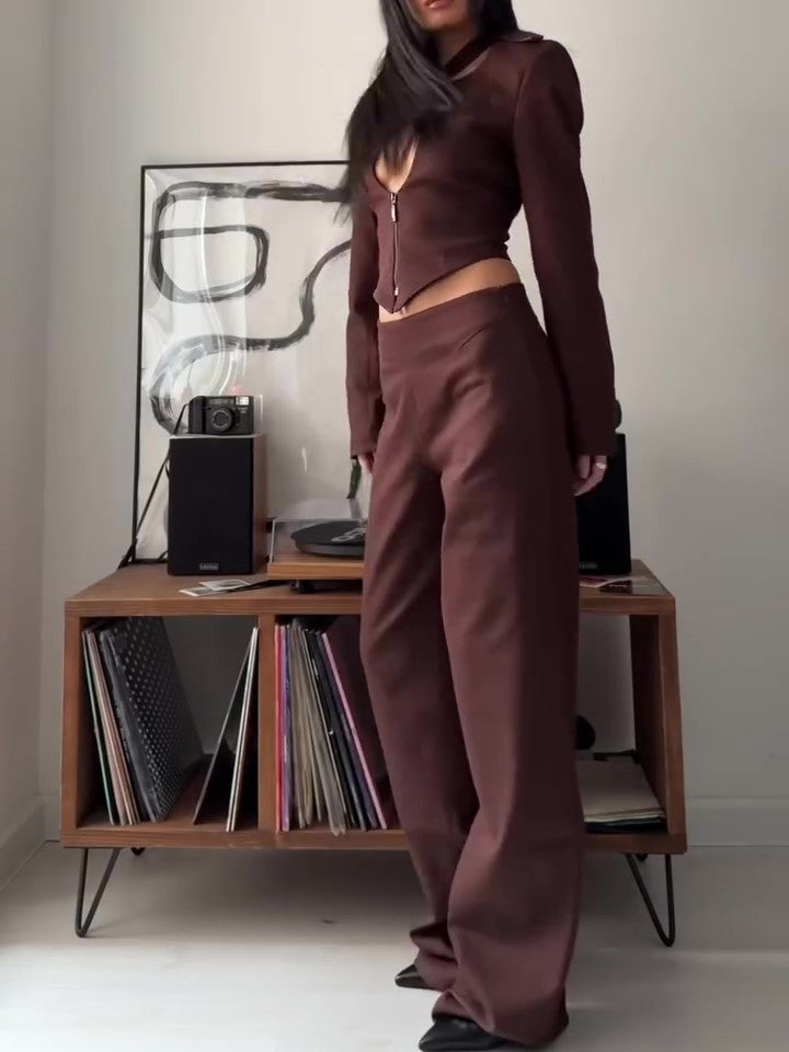 Chic & Confident Brown Crop Top with High-Waist Pants Suit for Effortless Style