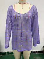 Light purple mesh hollow knit beach cover-up top with openwork pattern and long sleeves