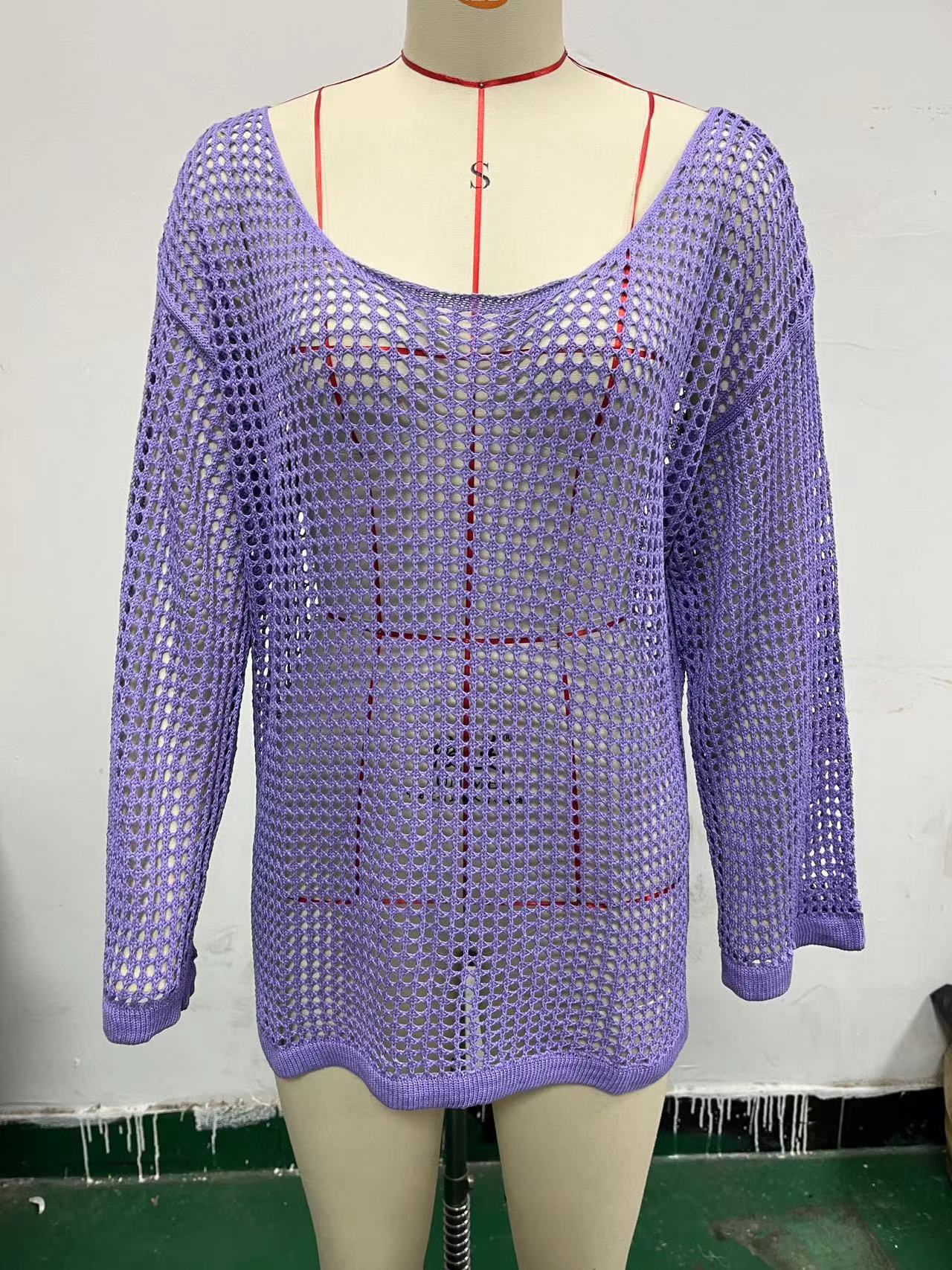 Light purple mesh hollow knit beach cover-up top with openwork pattern and long sleeves