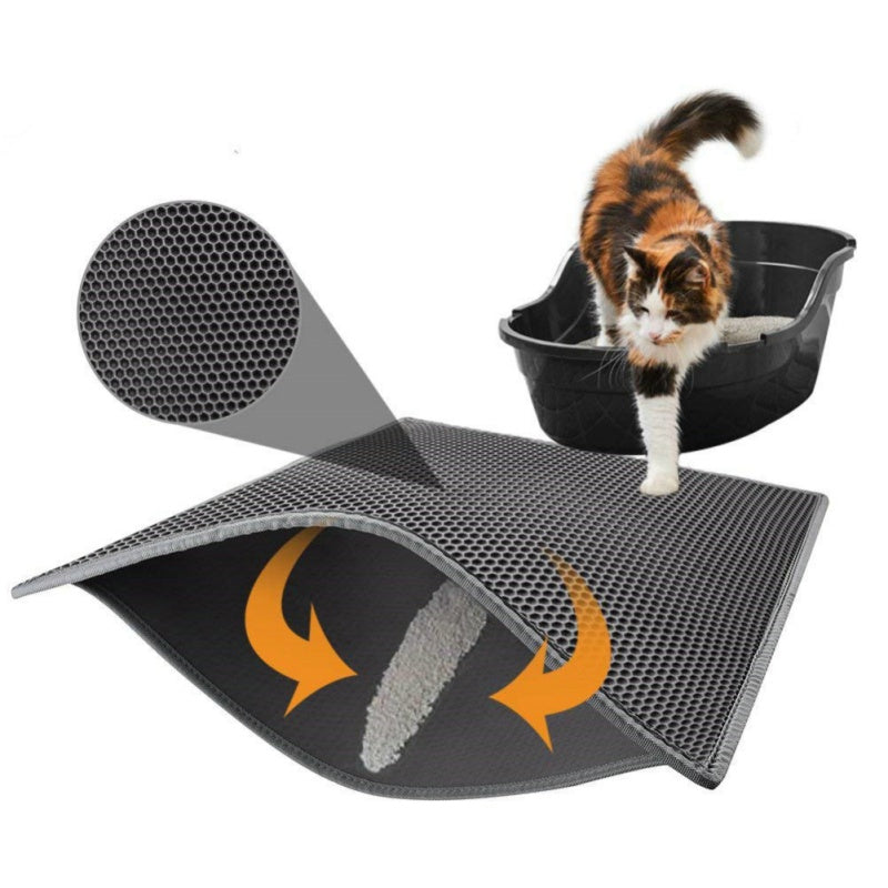 Waterproof cat litter pad, dark gray honeycomb texture with cat and litter tray