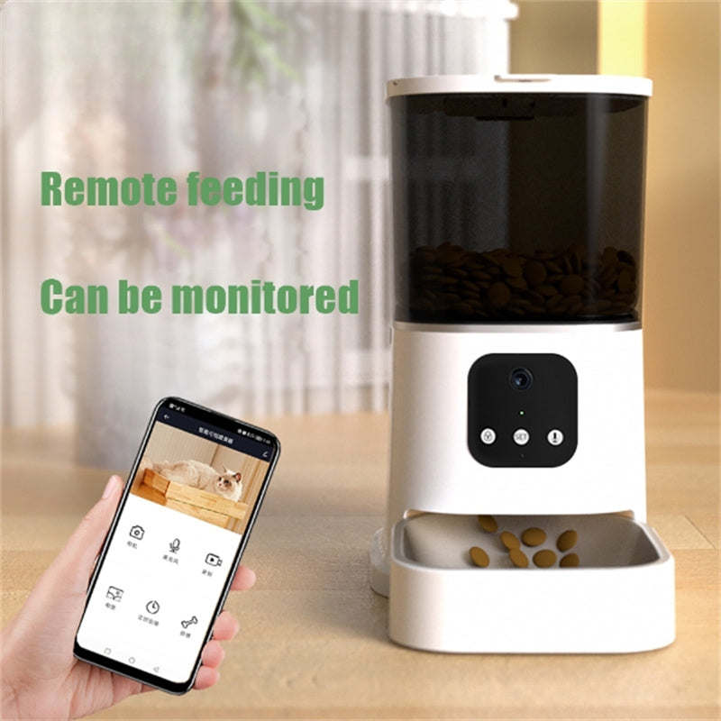White smart pet automatic feeder with smartphone app and front feeding bowl