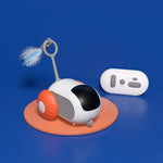 Interactive cat chase car toy on orange base with feather brush and button remote