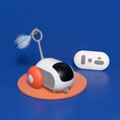 Interactive cat chase car toy on orange base with feather brush and button remote