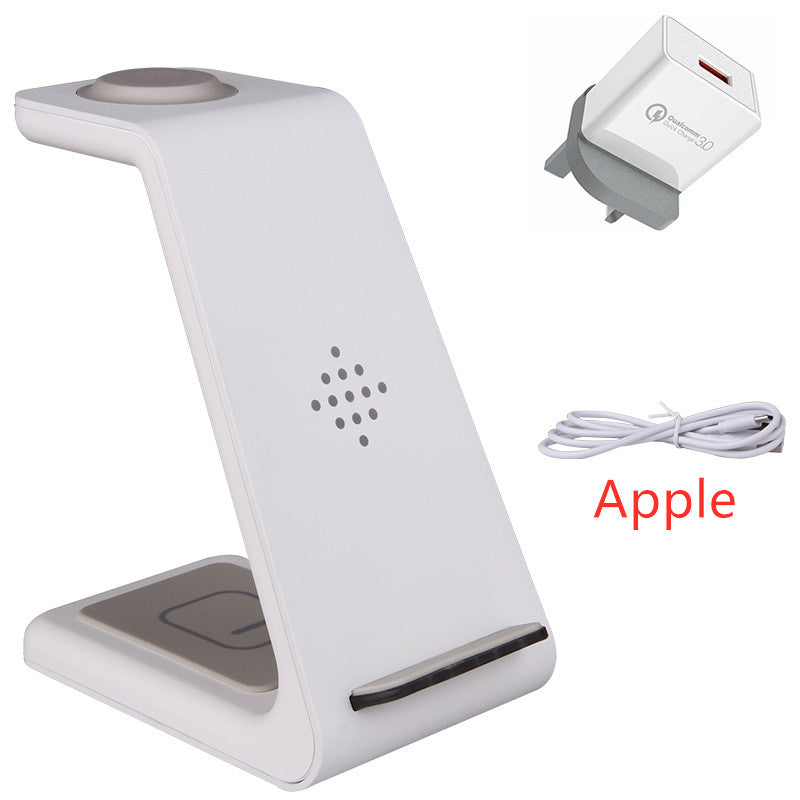 White 3-in-1 wireless charging station with Qi pad, adapter plug and cable