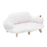 White shag luxury wooden pet bed with tufted top and four wooden legs