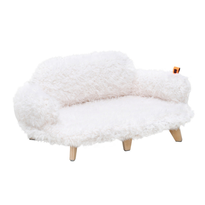 White shag luxury wooden pet bed with tufted top and four wooden legs