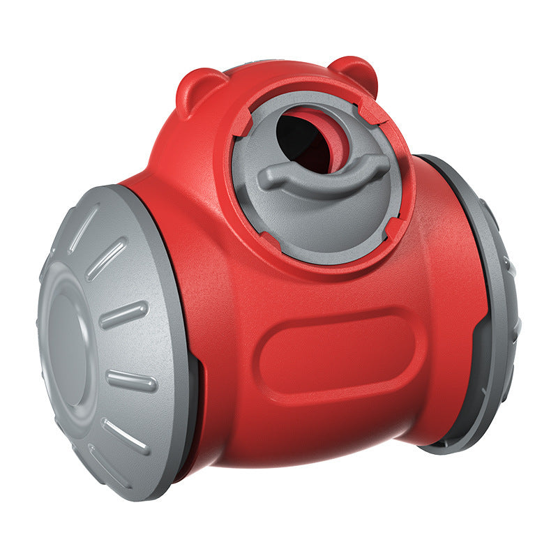 Red dog slow feeder puzzle toy with rotating inner tray and side wheels