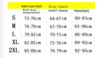 Bikini size chart table showing bust, waist, and hips measurements for sizes S–2XL
