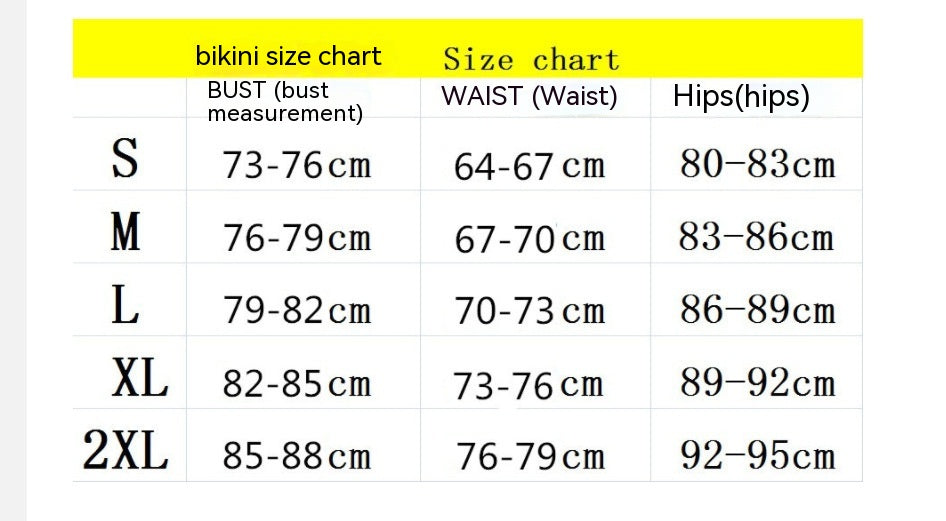 Bikini size chart table showing bust, waist, and hips measurements for sizes S–2XL