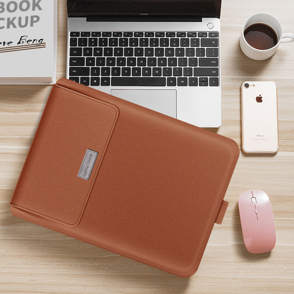 Laptop sleeve bag in brown PU leather with front pocket and stitched flap