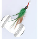 Interactive cat toy robot with green feather and tan feather danglers