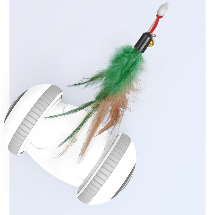 Interactive cat toy robot with green feather and tan feather danglers