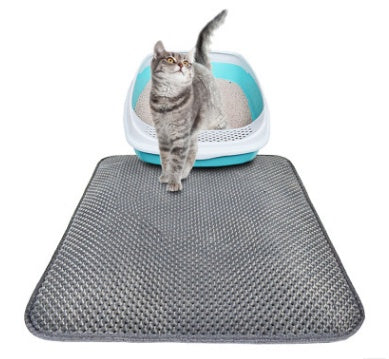 Waterproof cat litter pad, gray honeycomb texture with tabby cat on blue litter box