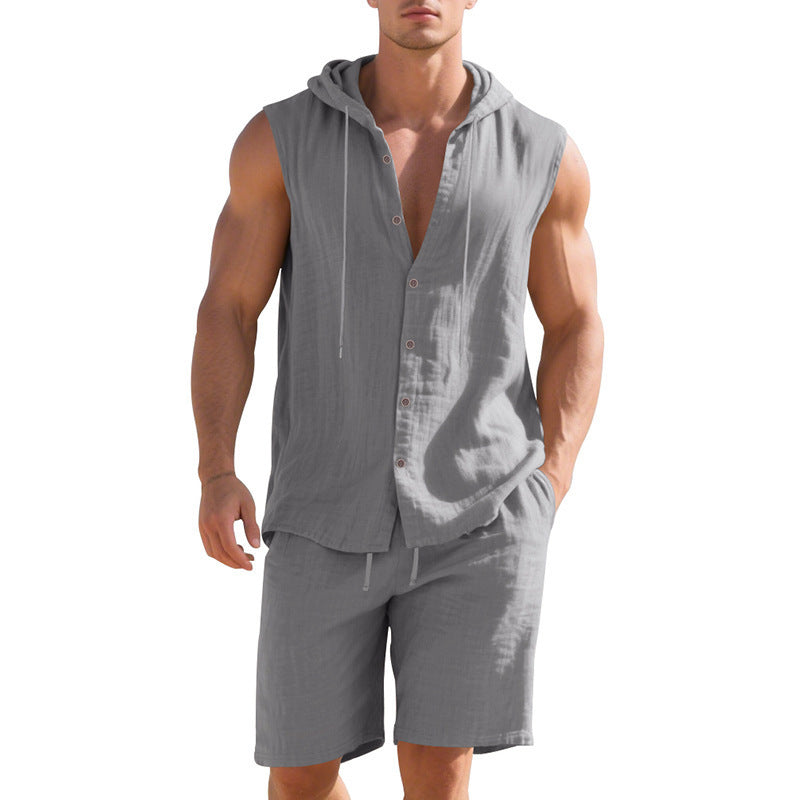 Men's sleeveless two-piece set in gray, hooded button-front shirt and matching shorts.