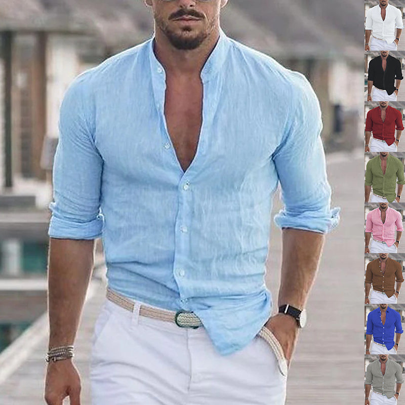 Men's casual cotton button-up shirt, light blue, V-neck placket, 3/4 sleeves
