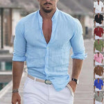 Men's casual cotton button-up shirt, light blue, V-neck placket, 3/4 sleeves