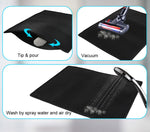 Waterproof cat litter pad, black honeycomb surface with cleaning tool and water splash icons