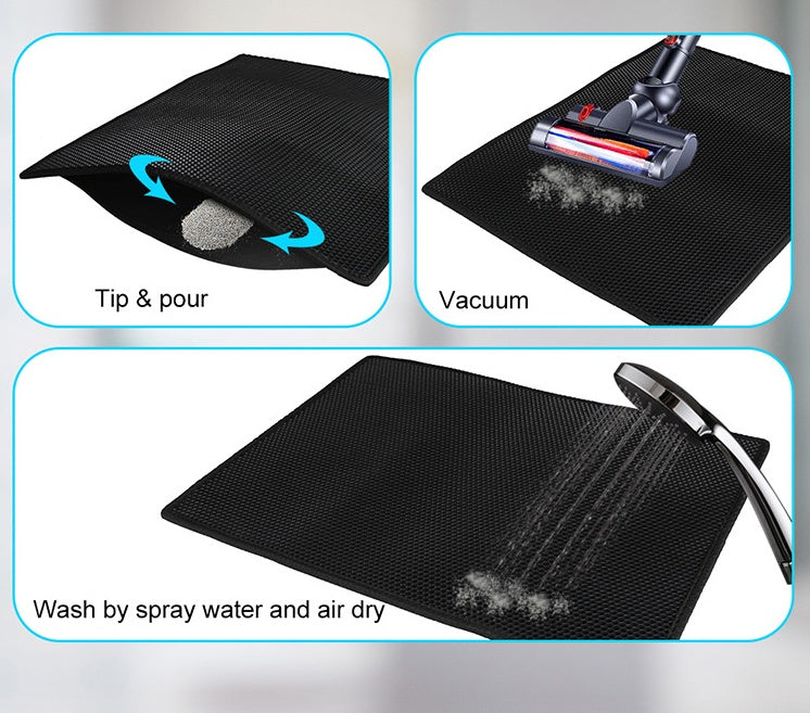 Waterproof cat litter pad, black honeycomb surface with cleaning tool and water splash icons