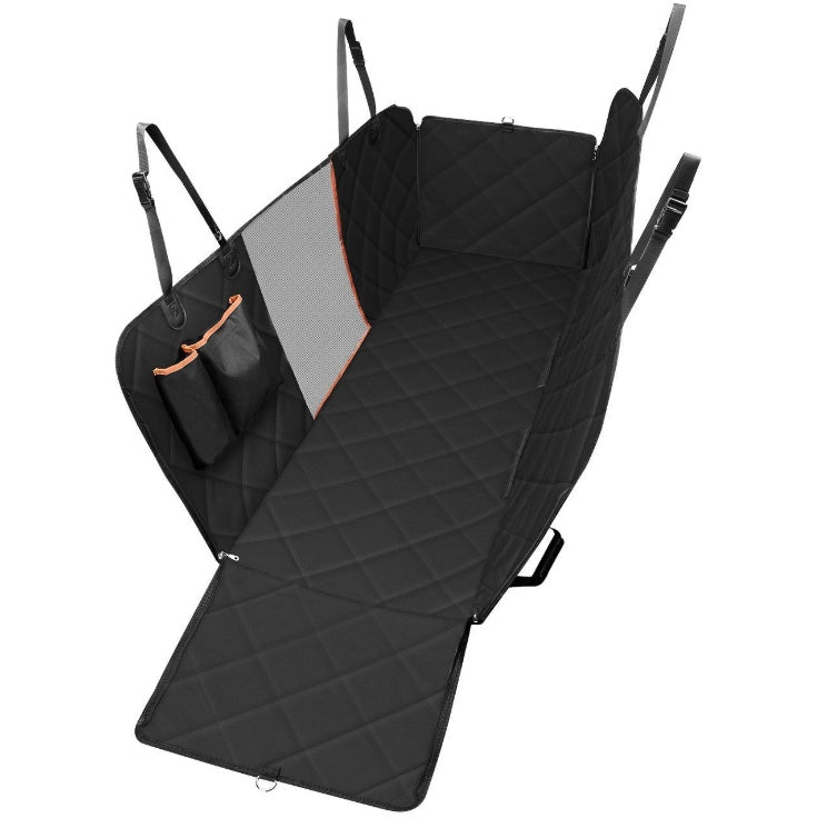 Black dog car seat hammock cover with mesh panel, side pocket, and carry straps