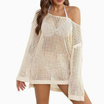 Light beige mesh hollow knit beach cover-up top with off-shoulder neckline and long sleeves