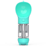 Teal pet water bottle feeder cup with button control and two clear side compartments