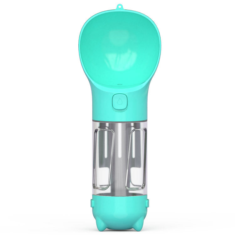 Teal pet water bottle feeder cup with button control and two clear side compartments