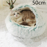 White and teal round plush pet bed with shag rim, brown tabby cat inside.
