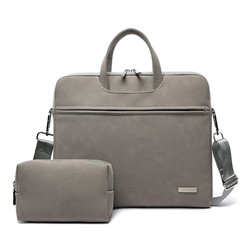 Dark gray PU laptop briefcase with zip pouch, top handle and shoulder strap.