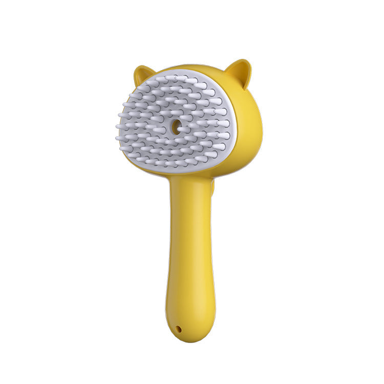 Handheld slicker pet grooming brush with gray pins, yellow cat-ear head and handle