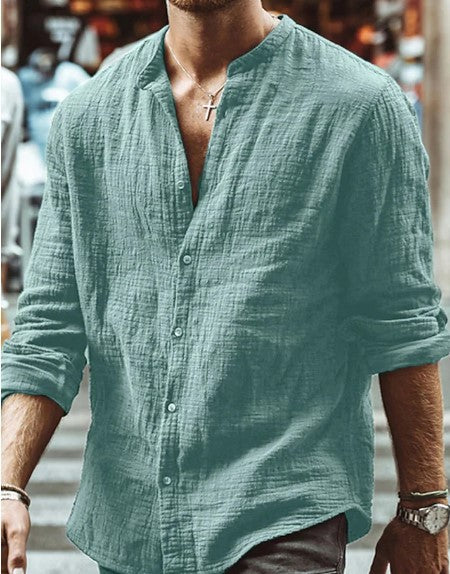 Men's casual cotton button-up shirt, teal/green, V-neck placket, 3/4 sleeves