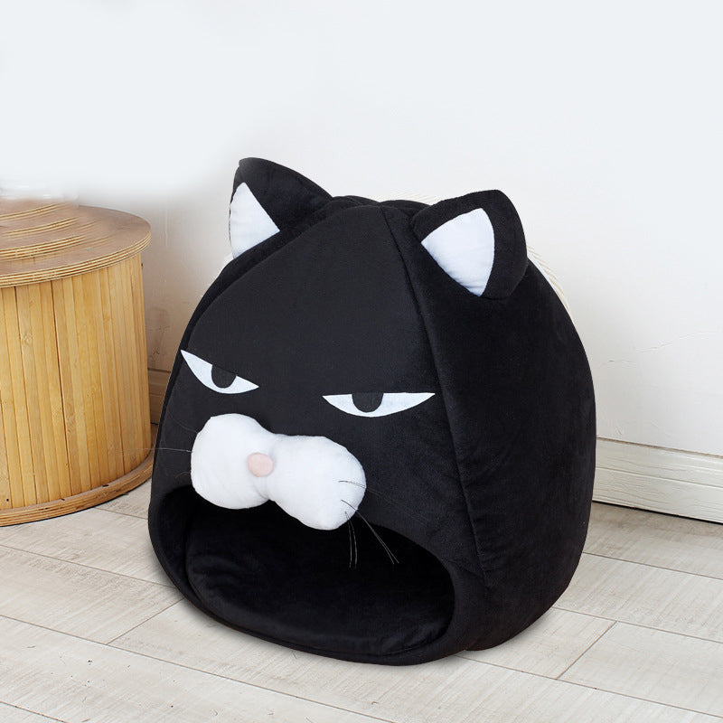 Black cat-face pet bed nest with hood opening and plush cushioned interior