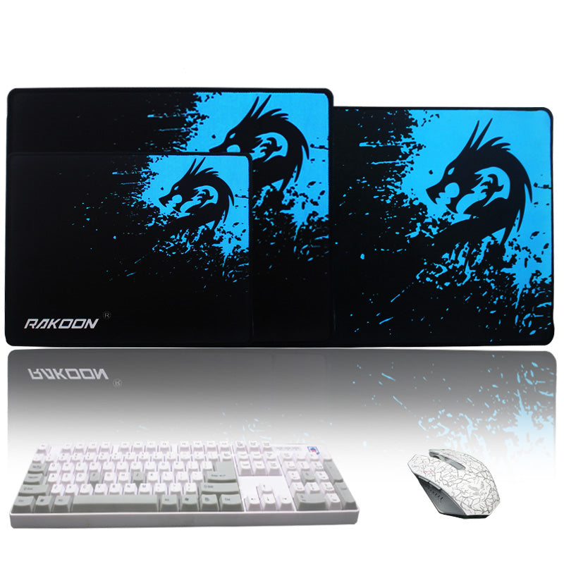 Black mouse pad with blue dragon print, visible edge stitching and border