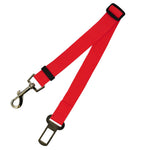 Red adjustable dog car seat belt strap with black buckle and metal hook