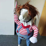 Dog Halloween costume on mannequin: orange wig, striped arms, light-blue overalls, red buttons