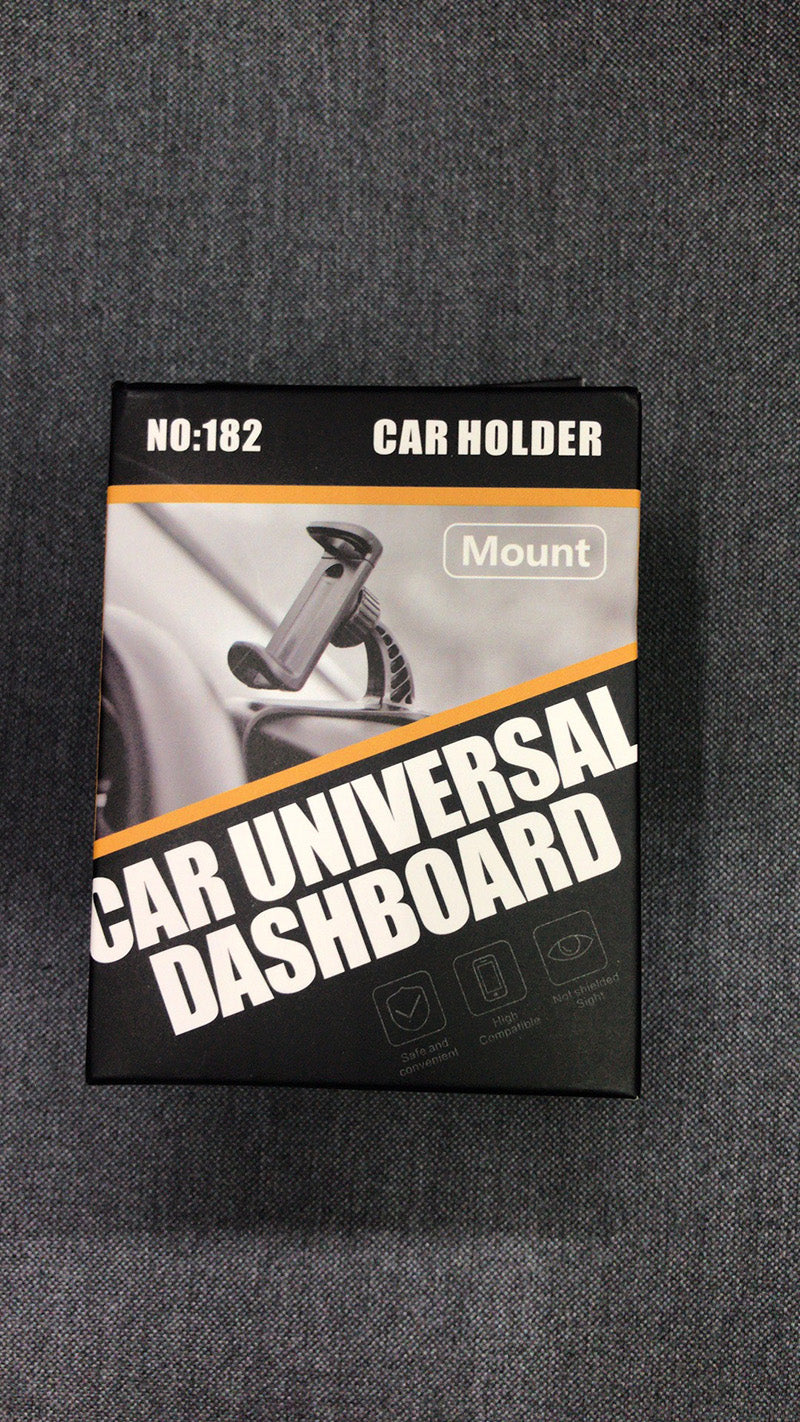 Universal car dashboard holder retail box, black and orange packaging