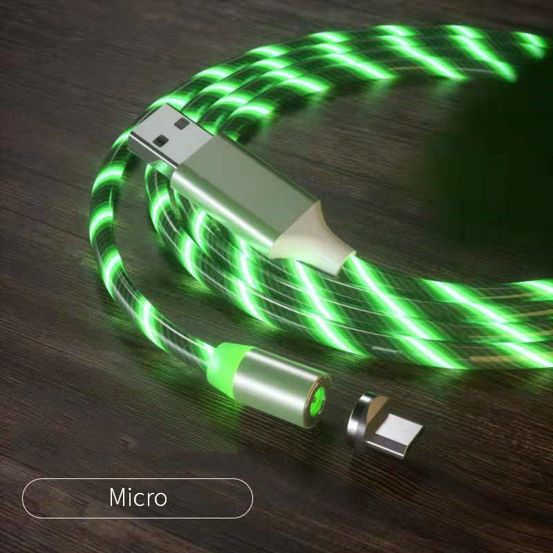 Magnetic LED charging cable with green light trails and USB-A end connector
