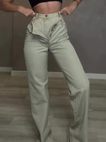 Light green high-waist denim jeans, button fly and belt loops, front view