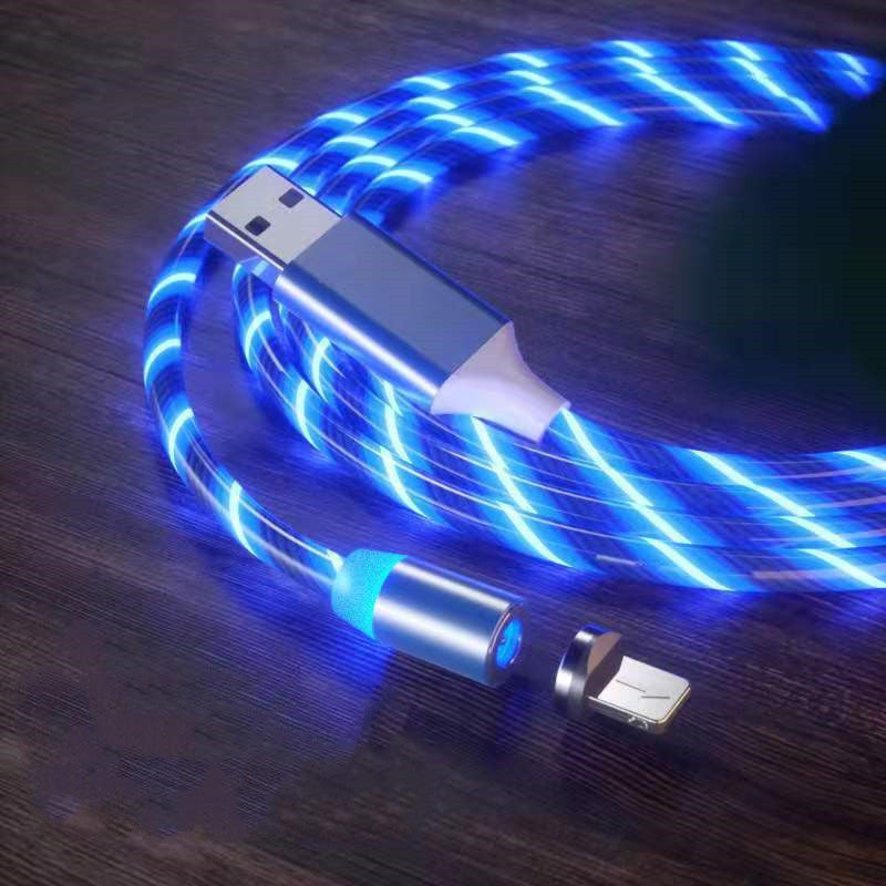 LED charging cable with blue glowing braided cord and USB-A to charging connector