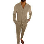 Beige long-sleeve lapel shirt and slim trousers set, front buttons and tailored fit.