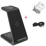 Black wireless charger stand with phone cradle, wall plug, and USB cable