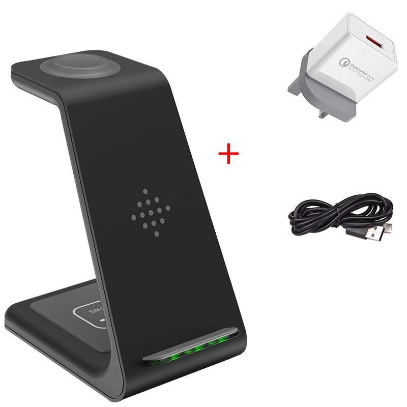 Black wireless charger stand with phone cradle, wall plug, and USB cable