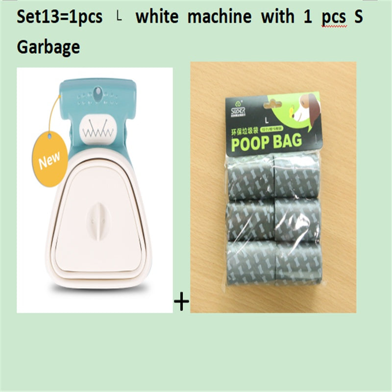 White-and-blue foldable dog poop scooper with black top, includes poop bag pack.