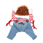 Dog Halloween costume: orange wig, striped arm sleeves, light-blue overalls with red drawstrings